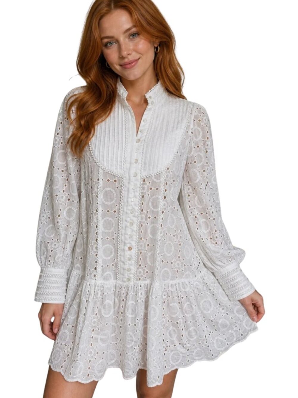 White Eyelet Long-Sleeve Mini Dress